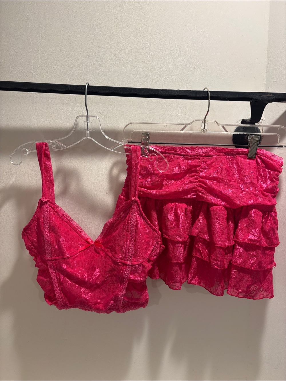 Hot Pink Lace Bralette and Ruffled Mini Skirt Set
